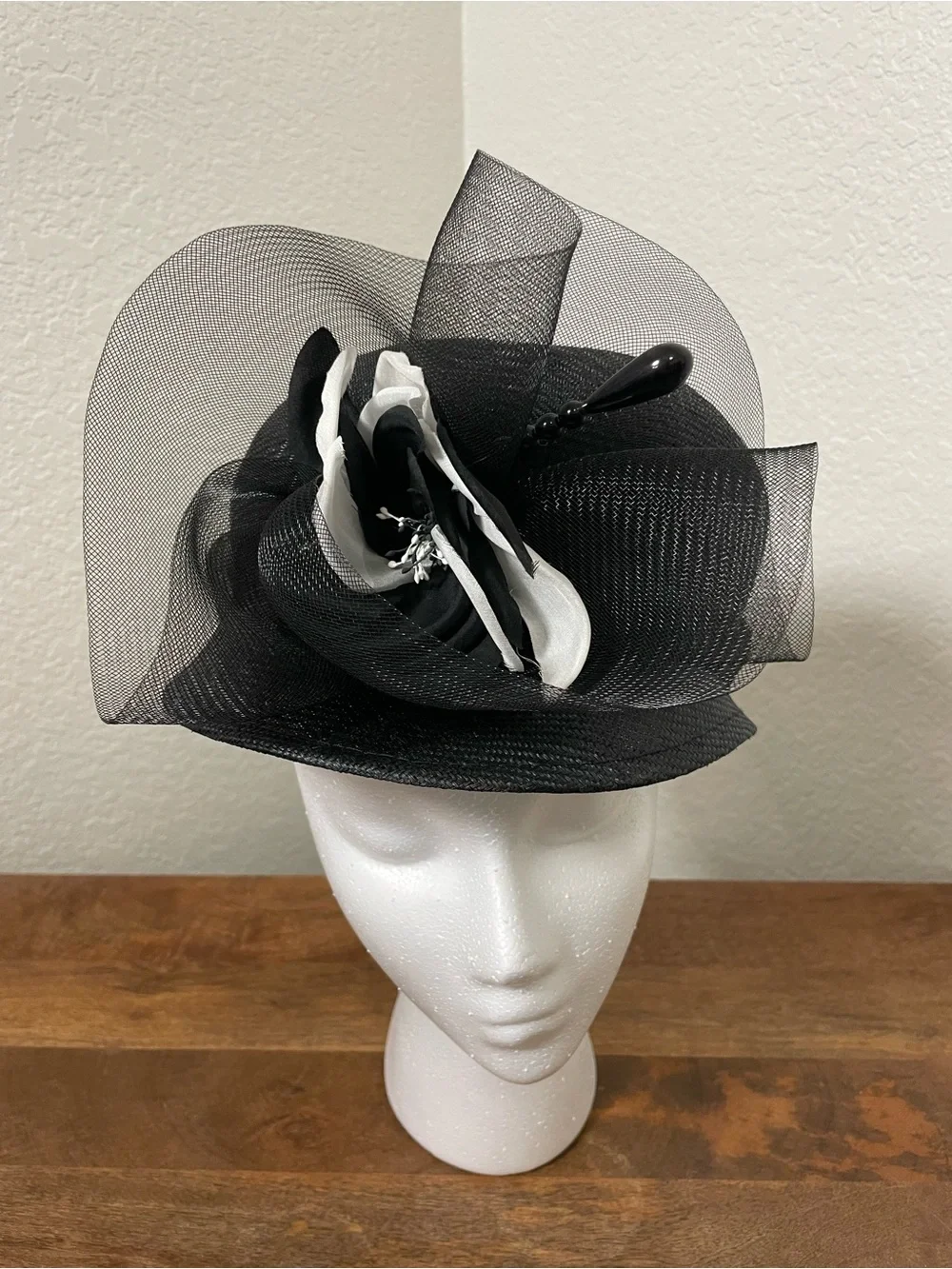 Vintage Mr. John Classic New York Paris Black Statement Hat Floral Mesh